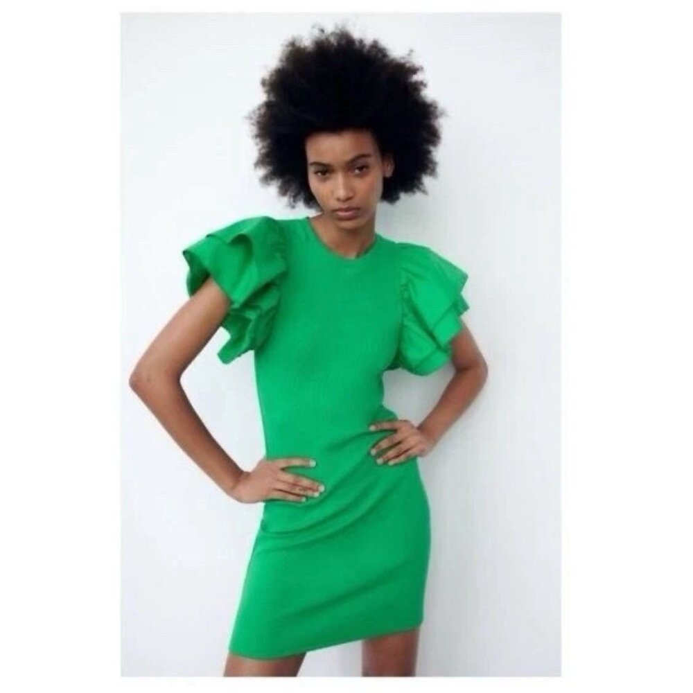 NWT Zara Dress Women’s Size S Small Ruffle Puff Sleeve Mini Body Con Green - Picture 3 of 9